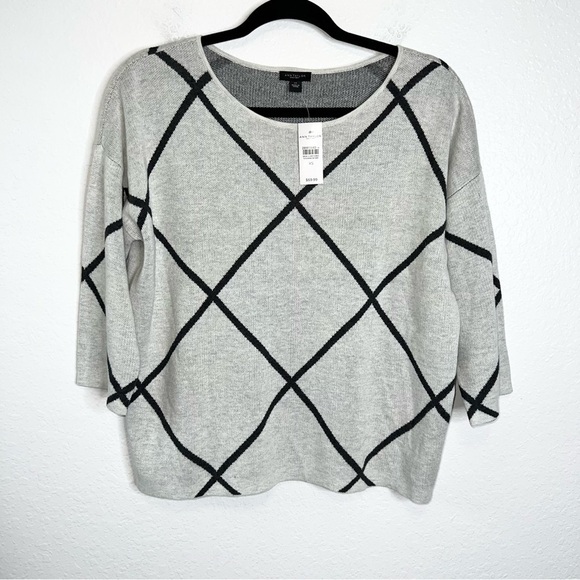 Ann Taylor Sweater Women XS Oversized Argyle Crew Knit 3/4 Sleeve Boxy Top B26 - Picture 1 of 7